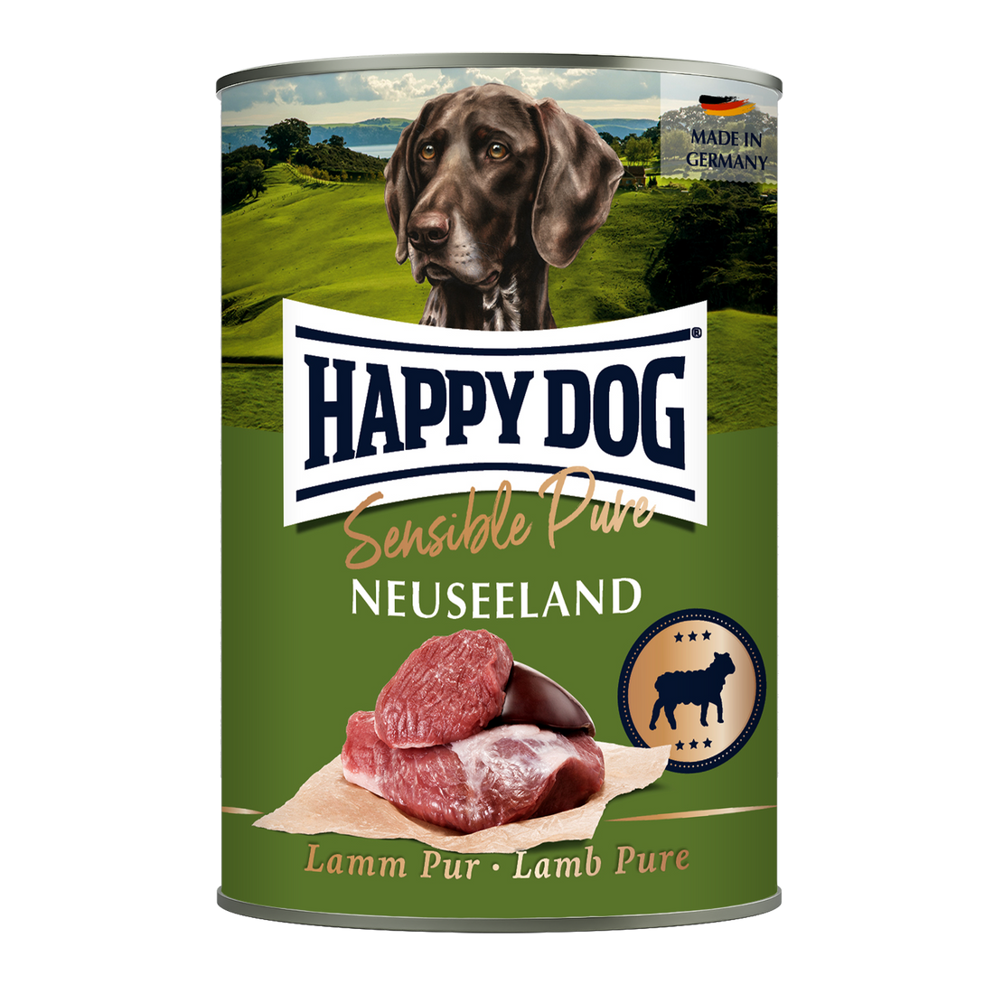 A can of Happy Dog Sensible Pure Neuseeland Lamb Pur dog food, featuring a green label with a German shepherd illustration, raw lamb meat, and a &