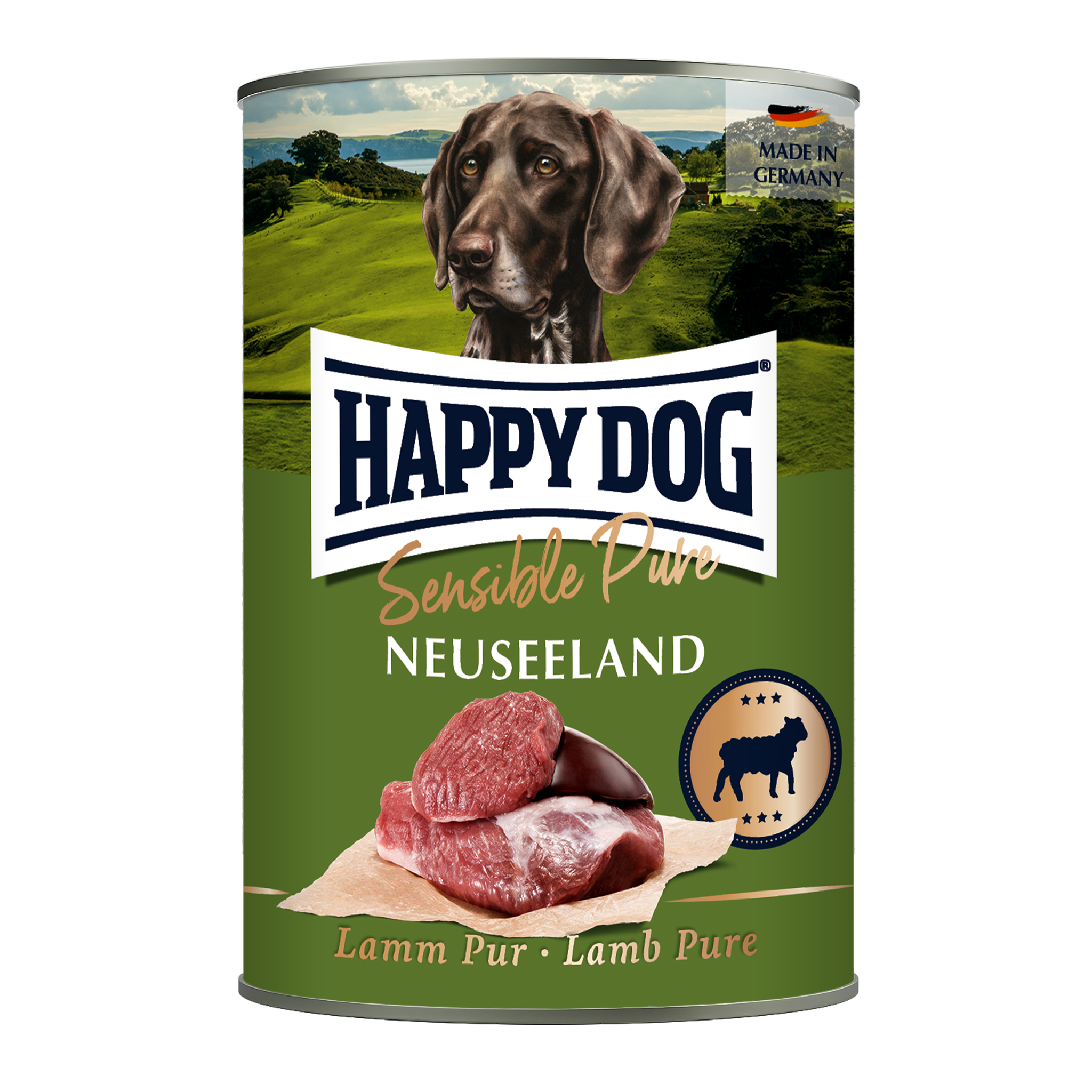 A can of Happy Dog Sensible Pure Neuseeland Lamb Pur dog food, featuring a green label with a German shepherd illustration, raw lamb meat, and a &