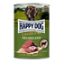 A can of Happy Dog Sensible Pure Neuseeland Lamb Pur dog food, featuring a green label with a German shepherd illustration, raw lamb meat, and a &