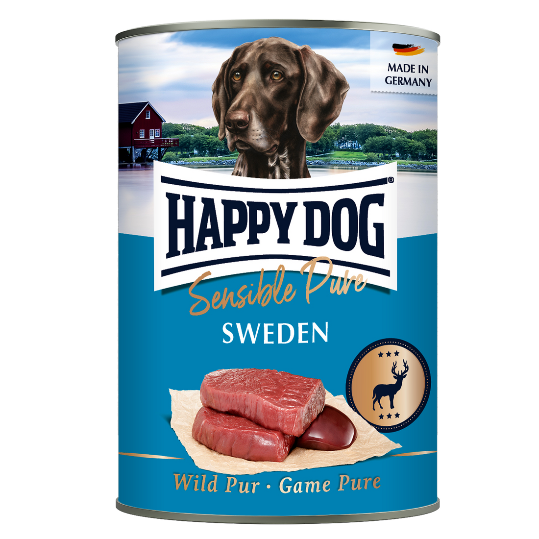 A can of Happy Dog Sensible Pure Sweden wet dog food, featuring a blue label with a picture of a brown dog, raw meat, and a wild deer emblem on a white background.