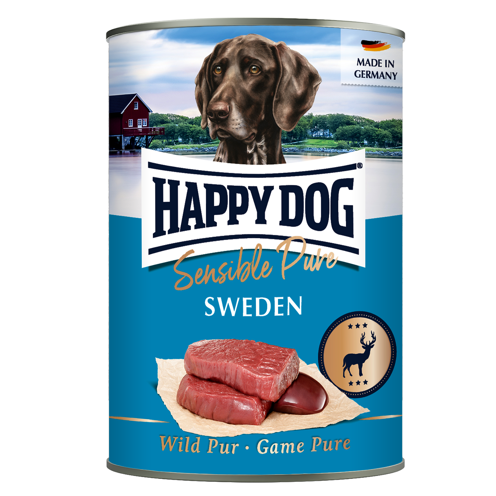 A can of Happy Dog Sensible Pure Sweden wet dog food, featuring a blue label with a picture of a brown dog, raw meat, and a wild deer emblem on a white background.