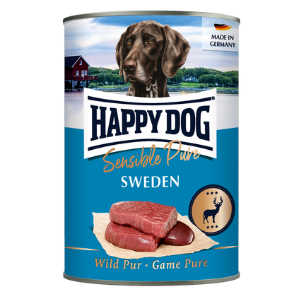 A can of Happy Dog Sensible Pure Sweden wet dog food, featuring a blue label with a picture of a brown dog, raw meat, and a wild deer emblem on a white background.