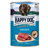 A can of Happy Dog Sensible Pure Sweden wet dog food, featuring a blue label with a picture of a brown dog, raw meat, and a wild deer emblem on a white background.